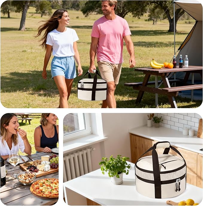 Trunab Round Double Insulated Casserole Carrier Pie Carriers for Transport Casserole Dish Carrier Bag for Hot or Cold Food Wavy Texture for Camping Picnics Party