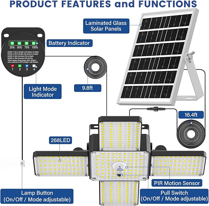 Solar Shed Light Indoor Outdoor 2000LM 268LED Solar Pendant Light with Motion Sensor Day &amp Night Available 4 Lighting Modes Battery/Mode Indicator IP65 Waterproof for Shed Garage Gazebo Barn