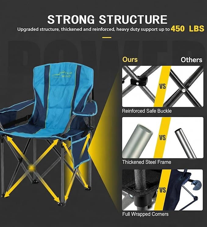 FAIR WIND Heavy Duty Camping Chair Oversized Padded Folding Chair for Big and Tall (450lbs) Extra Wide Seat with Integrated Cooler &amp Storage Pocket Adjustable Lumbar Support for Outdoor