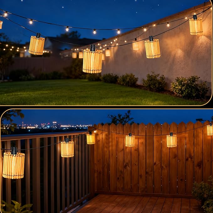 Decorative Plug in String Lights Outdoor Rattan Lamps 20.5FT 10 LED G40 Bulb Waterproof Hanging Lantern for Patio Yard Deck Garden - Indoor/Outdoor Use