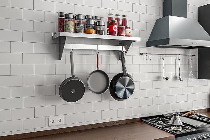 KoolMore 36” Commercial Wall Mounted Pot Rack Organizer Shelf with 3 Removable Storage Hooks for Pots and Pans Stainless-Steel Storage Holder (WMPS-1236) 12 X 36