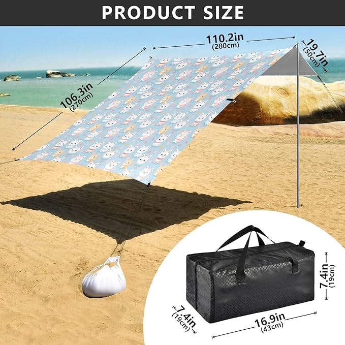 ALAZA Cute Kitten Cats Hearts Beach Tent Sun Shelter UPF50+ Protection Beach Shade Canopy w/ 4 Sandbags for Outdoor Camping Fishing Backyard Fun Picnic 10x9 ft