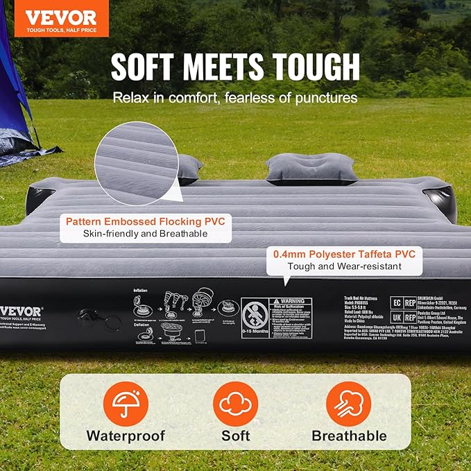 VEVOR Truck Bed Air Mattress for 5.5-5.8 ft Full Size Short Truck Beds Inflatable Air Mattress Bed with 12V Air Pump 2 Pillows Carry Bag for Silverado RAM F Series Sierra Titan Tundra
