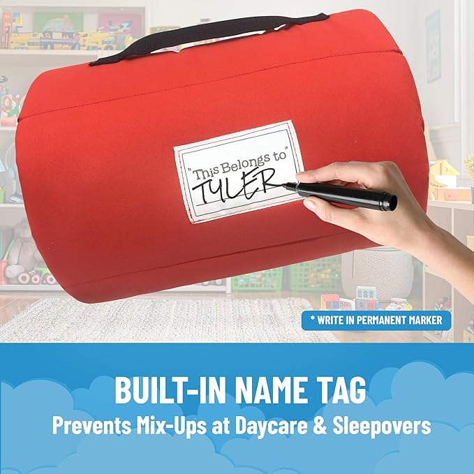 Jay Franco Kids Nap Mat with Embedded Pillow &amp Blanket – Soft 46x20 Microfiber Sleeping Bag with Name Tag &amp Handle for School Travel Sleepover Blue - Black Panther