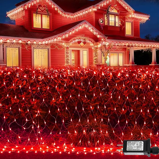 YEGUO Net Lights Outdoor Mesh Lights 12ft x 5ft 360 LED Red Valentine‘s Day Light Outdoor Waterproof 8 Modes Connectable Clear Wire Christmas Bush Light Plug in
