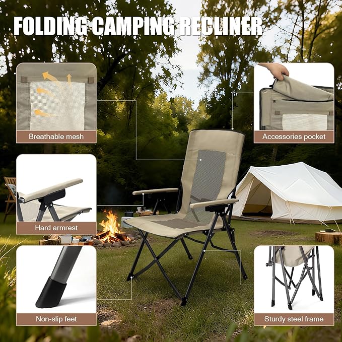 Oversized Hard Armrest Reclining High Back Camping Chair with Adjustable Backrest for Camping Sports Event Backyard Fishing Beach Tailgating