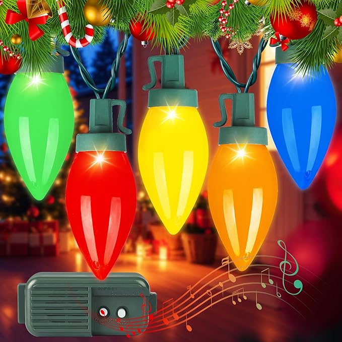 HAYATA Music Christmas Lights 35 LED C9 String Light - Fairy Xmas Decor Lighting for Outdoor Indoor Patio Party Home Wreath Garland Christmas Tree Decoration. (Multi Color)