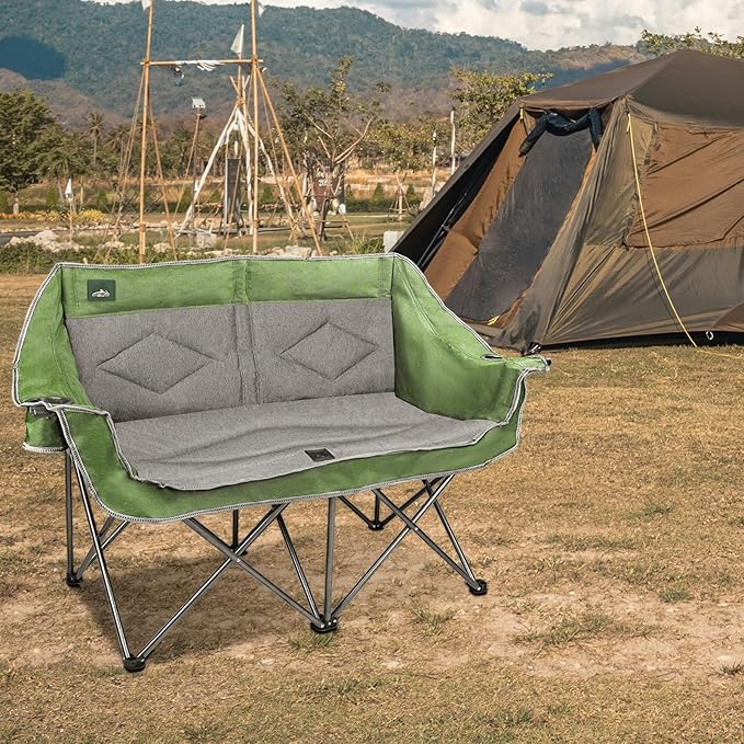 Northroad Folding Loveseat Camping Chair Portable Double Duo Full Padded Garden Chair for 2 Person Sofa w/ 2 Cup HolderWine Glass HolderMesh StorageSupport 600lbs for Picnic Beach Travel (Green)