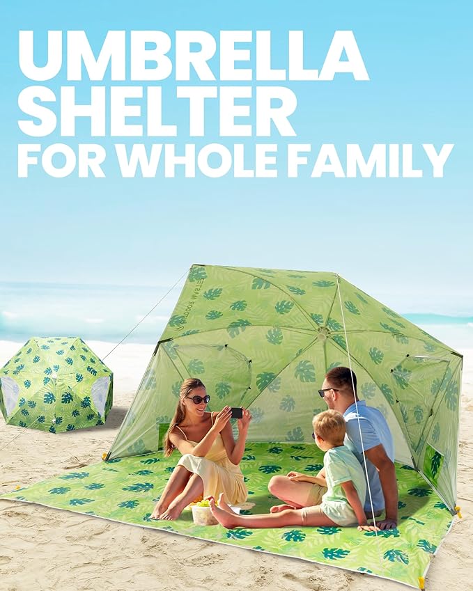 OutdoorMaster Pop Up Beach Umbrella Portable Beach Tent Shelter Beach Shade Sun Canopy with UPF 50+ UV Protection Extendable Floor with Carrying Bag