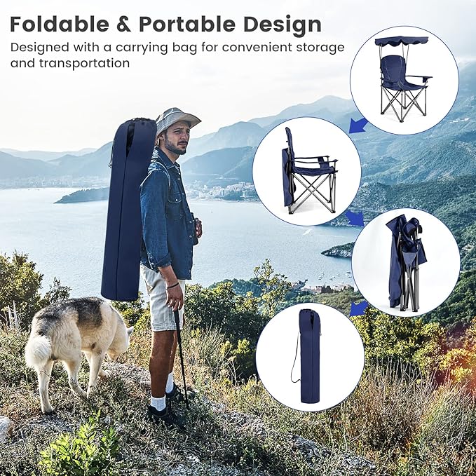 KOTEK Camping Chair with Canopy Portable Canopy Chair with Shade Cup Holder &amp Carry Bag Outdoor Folding Chairs for Sports Events Fishing Beach Picnic Hiking Travel (Blue)