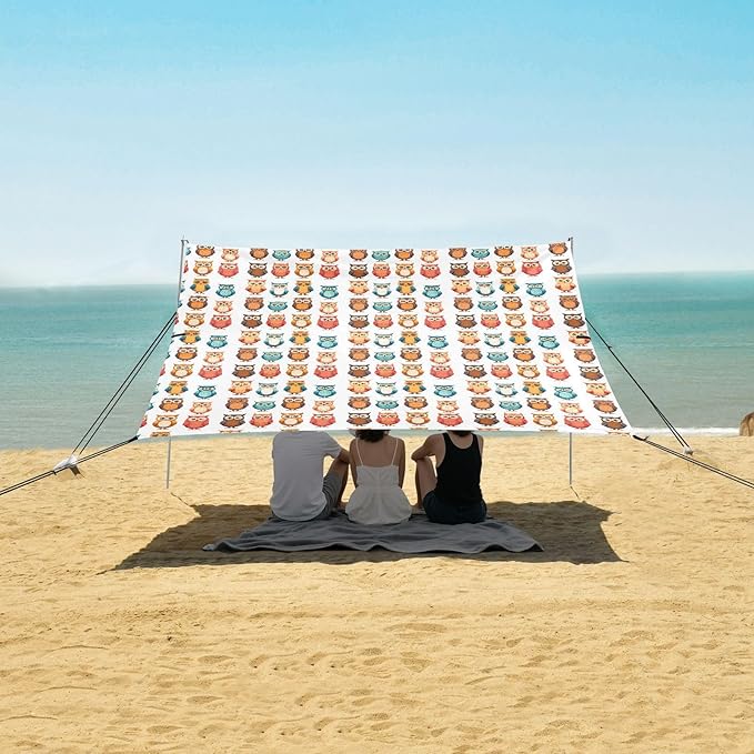 ALAZA Owl Prints Cartoon Beach Tent Sun Shelter UPF50+ Protection Beach Shade Canopy w/ 4 Sandbags for Outdoor Camping Fishing Backyard Fun Picnic 10x9 ft