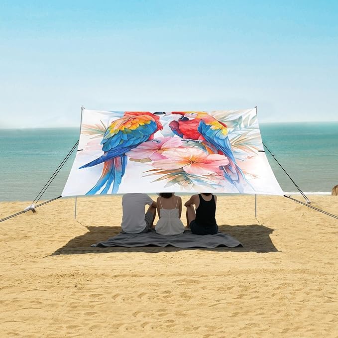 ALAZA Watercolor Parrots Tropical Beach Tent Sun Shelter UPF50+ Protection Beach Shade Canopy w/ 4 Sandbags for Outdoor Camping Fishing Backyard Fun Picnic 10x9 ft