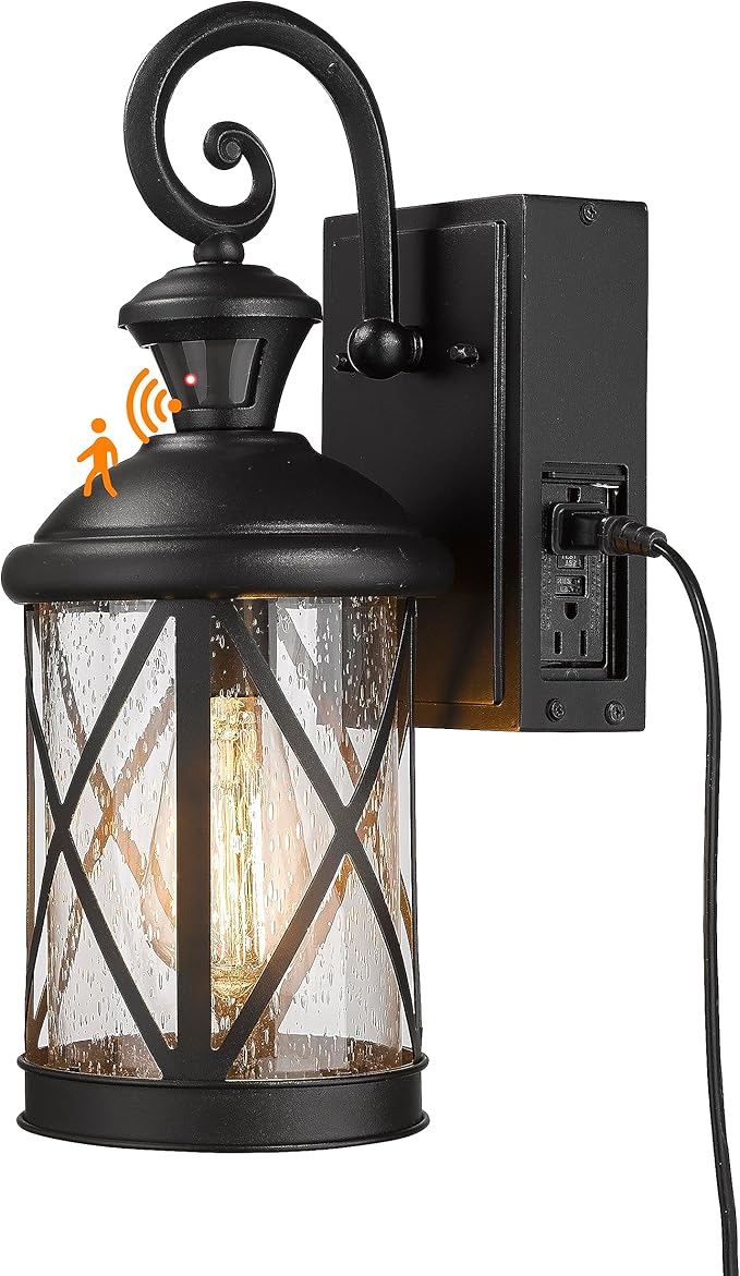Darkaway Motion Sensor Outdoor Wall Light Dusk to Dawn Outdoor Porch Light with GFCI Outlet Waterproof Exterior Wall Sconce with Seeded Glass Black Wall Mount Lighting Fixture for House Patio Garage