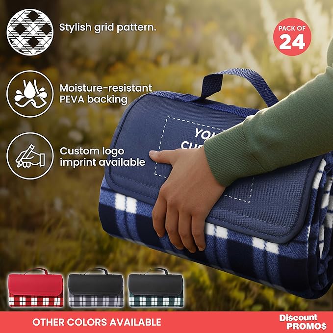 DISCOUNT PROMOS 24 Brookhaven Roll Up Picnic Blankets Set - Customizable Text Logo - Fleece Woven Handle - Navy Blue