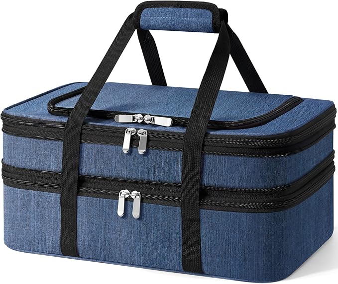 Insulated Double Casserole Carrier - Portable Casserole Carriers for Hot or Cold Food Lunch Tote Warmer or Cooler Bag for Potluck Parties Picnic Cookouts Fits 9 x 13 Baking Dish - Navy Blue