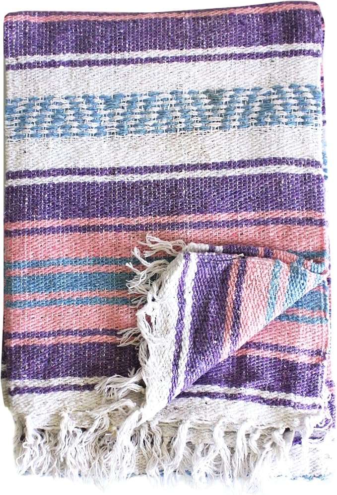 Del Mex Classic Mexican Blanket Large Authentic Woven Falsa Throw (70x50) Artisan Southwest Décor for Beach Yoga Outdoors (Lavender/Pink)