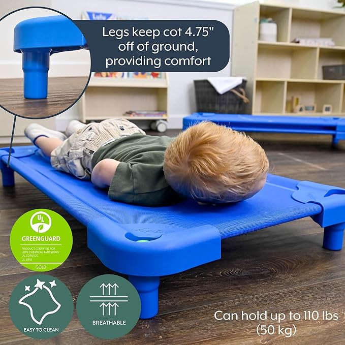 Angeles Stackable Daycare Cots Value Line Toddler Cot 40 L x 22 W Assembled Daycare Furniture for Preschool Classroom Toddler Size Pack of 1 Blue