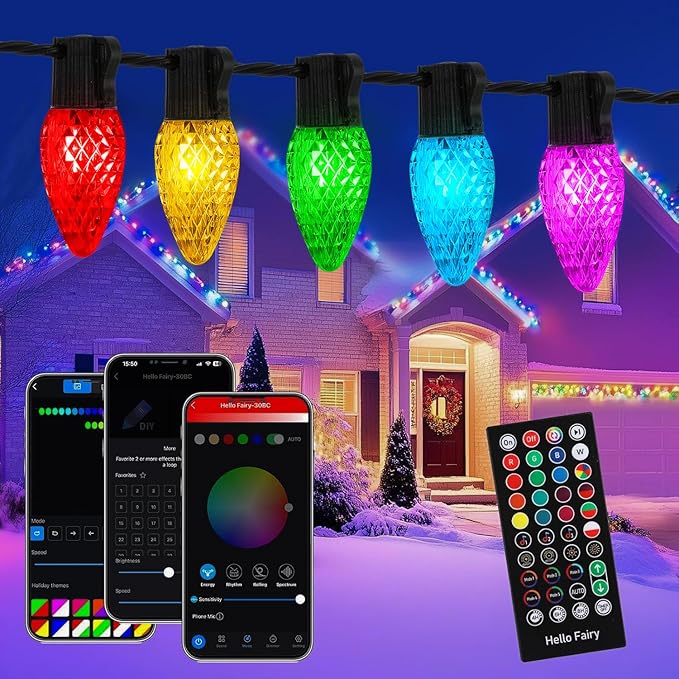 C9 Christmas Lights Outdoor 33FT 50 LED RGB Color Changing BulbsApp Bluetooth Music Sync DIY Scenes &amp Timers Connectable to 198FT IP44 Waterproof Roofline Eaves Porch Fence Decorations