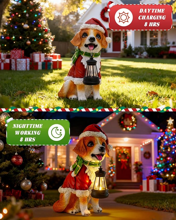 Christmas Dog Garden Statue with Solar Lantern – Santa Dog Figurine in Red Coat &amp Hat Outdoor Christmas Yard &amp Porch Decorations Balcony &amp Lawn Decor for Dog Lovers