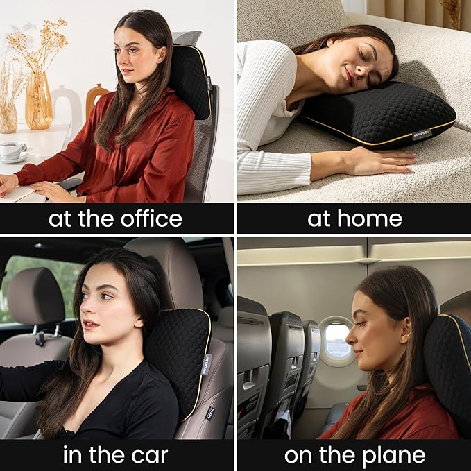 Memory Foam Travel Pillow with Washable Cover &amp Carry Bag – Compact Soft &amp Breathable Neck Pillow for Airplane Camping &amp Car (Black- with Extra Gray Cotton Cover 15.7x9.8x3.9 inches)