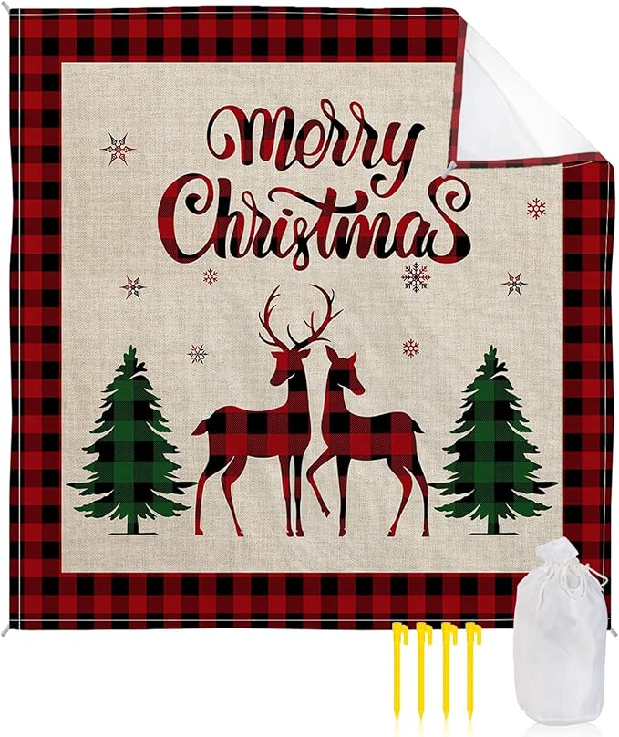 Beach Blanket Waterproof Sandproof Christmas Animal Elk Tree Winter Snowflake Quick Drying Beach Mat with 4 Stakes Red Green Buffalo Grid Shadow Lightweight Picnic Blanket for Travel 95x80
