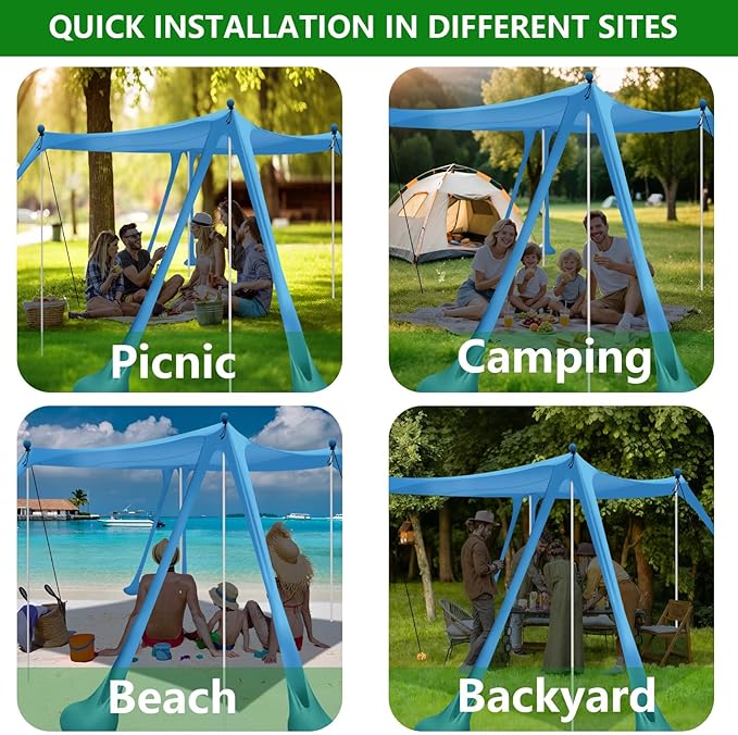 Beach Canopy Tent Sun Shade with 6 Sandbags Beach Tent Sun Shelter UPF 50+ UV Protection Poles and Ground Pegs and Anti-Wind Ropes for Outdoor Camping Backyard and Picnics