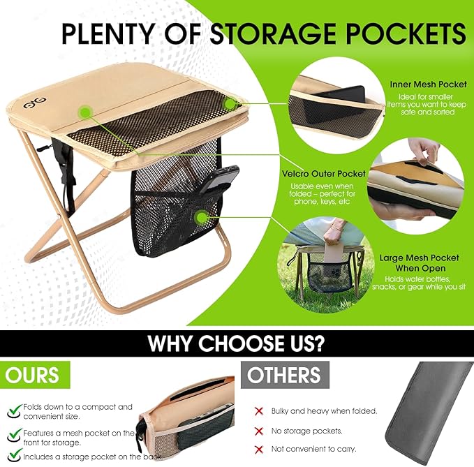 Camping Stool Upgraded FoldableStool Aluminum Alloy Bracket Portable outdoorfolding Chair with Pocket for Queuing FishingHiking Tours BBQ Parties Outdoor Camping Accessories(Khaki)