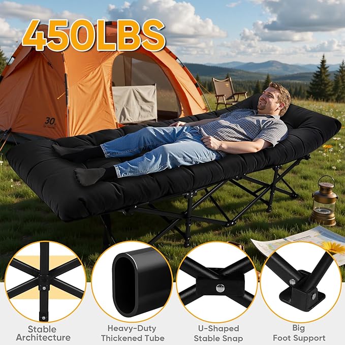 Northroad Camping Cot with Thick MattressQuick Set-Up Sleeping Cots with Side Pocket for Outdoor Camping Office Nap Home Garden Beach Travel Black