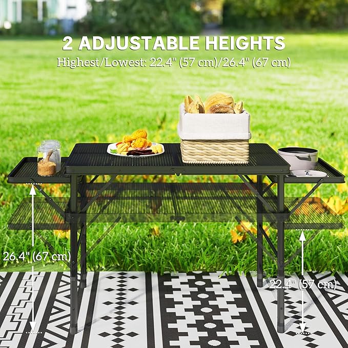 Outsunny Folding Grill Table 4.5 ft Portable Camping Table with 2 Wing Panels Height Adjustable Metal Outdoor Table with Mesh Desktop for Picnic Beach BBQ Party Black