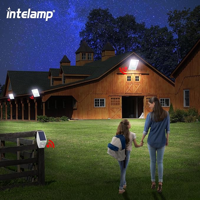 intelamp Solar Flood Lights Outdoor Waterproof Linkable 12000mAh 3000LM Motion Sensor Floodlight with Remote Control Sensor Case 16.4Ft Cable Dusk to Dawn Lighting Lamp for Street Outside House