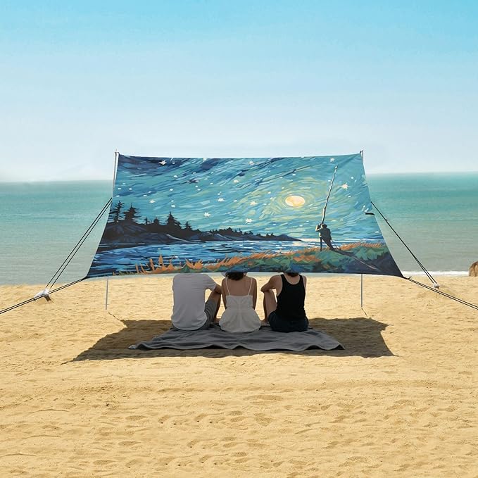 Camping Sun Shelters A Men Fishing in Moonlight Night Beach Canopy 126 * 110.2in