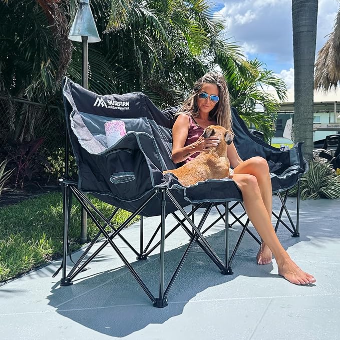 3 Person Camping Chairs Folding Double Camping Chair Portable Oversized Loveseat Padded Camp Chair Heavy Duty Camping Couch for Adults Outdoor Lawn with Two Cup Holders and Carry Bag