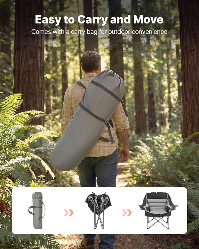 VEVOR Oversized Camping Chairs 450 lbs Heavy Duty Support Portable Padded Folding Camp Chairs with Dual Cup Holders &amp Wine Glass Holders Carry Bag for Outdoor Fishing Black &amp Gray 1 Pack