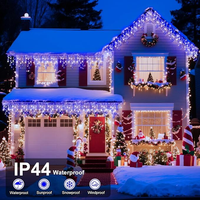 XURISEN 66ft Christmas Lights Decorations Outdoor 640 LED 8 Modes Curtain Fairy Lights with 120 DropsPlug in Waterproof Timer Memory Function for Christmas Holiday Wedding Party Decor(Blue+Cool)