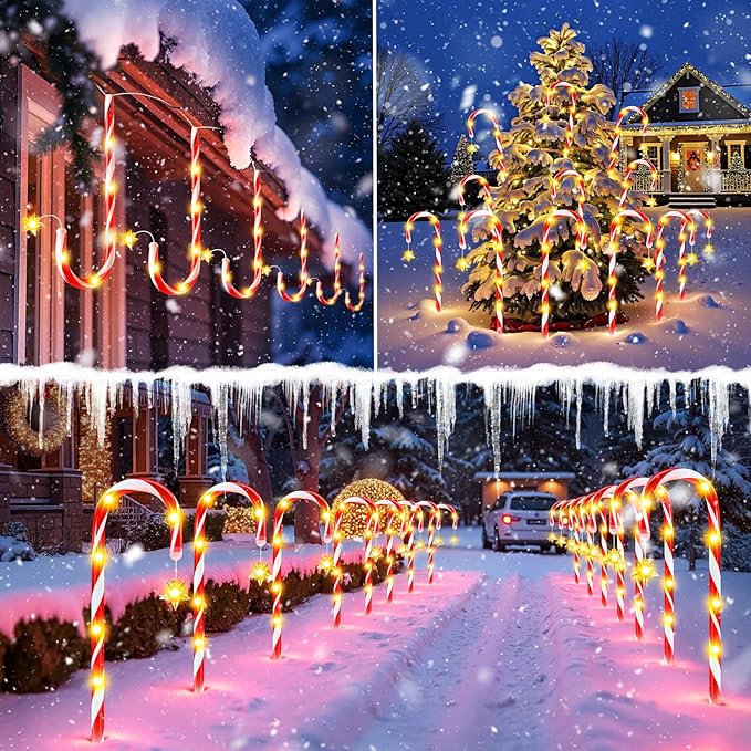 24 Pack Upgraded Solar Candy Cane Lights Outdoor Christmas Decorations Outdoor Solar Christmas Pathway Lights Waterproof with USB Charging 10 Modes for Yard Garden Lawn Path Walkway Party Xmas Decor