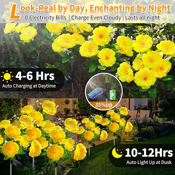 Neporal Solar Flowers Outdoor Waterproof 4PK 7-Stem Yellow Camellia with 2 Lighting Modes &amp Romantic Warm Light Solar Lights Outdoor Decorative for Garden Yard Pathway Gardening Gifts for Wom