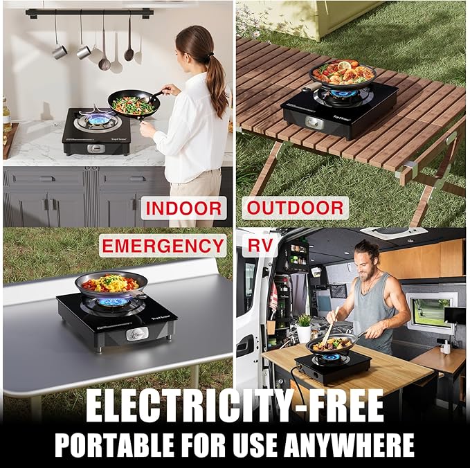 1 Burner Propane Stove 13600 BTU High-Efficiency Tempered Glass Auto-Ignition Gas Burner Stove Top with CSA Hose for Outdoor RV Camping Emergency Cooking