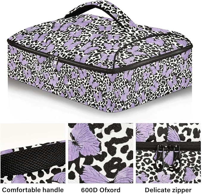 Casserole Carrier Leopard Print Pattern with Purple ButterfliesInsulated Casserole Carrier for Hot or Cold Food Thermal Lunch Tote for Potluck Parties Picnic Fits 9 x 13 Inches Baking Dish