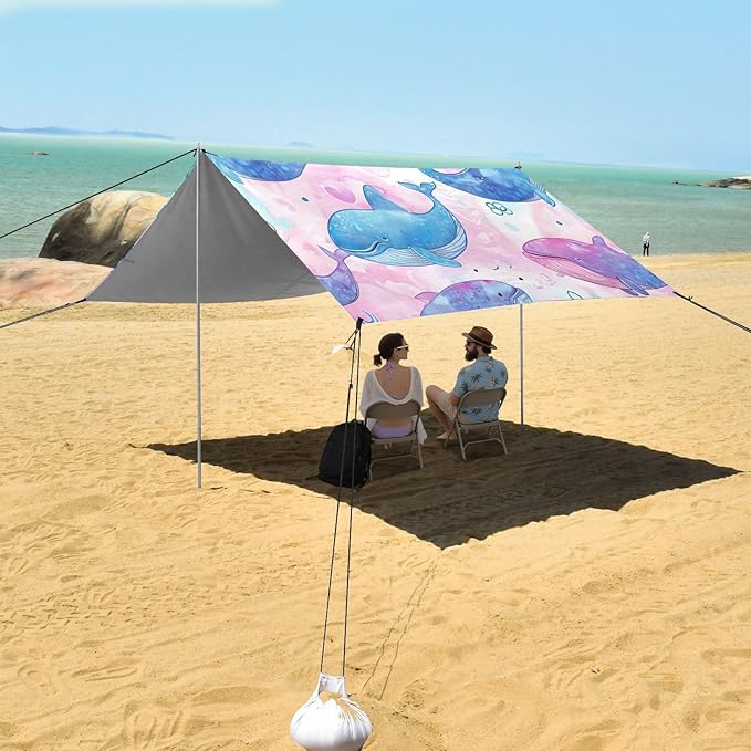 Pink and Blue Whales Beach Tent Sun Shelter 9.2' x 10.5' Beach Canopy with 4 Sandbags 4 Stability Poles Sand Shovels - Tent Canopy for Beach Camping Fishing Picnics