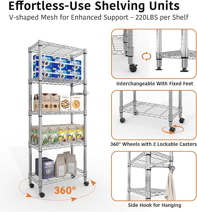 61-Inch Metal Storage Rack with Wheels 5-Tier Adjustable Wire Mesh Rack with Side Handles 24-Inch Wide Heavy-Duty Rolling Shelving Unit Easy to Assemble for Kitchens and Home Garages Silver