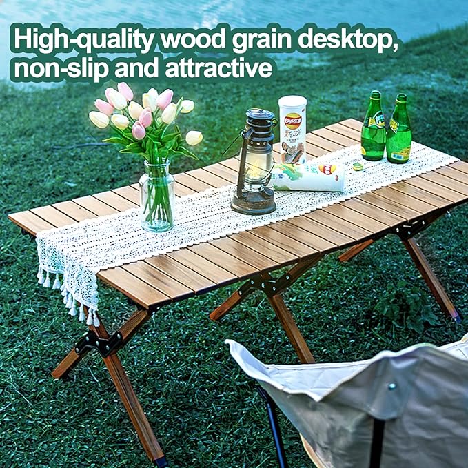 Folding Camping Table Roll-Up Folding Table with Carry Bag Portable Aluminum Picnic Table Low Height Beach Table for Outdoor Use Travel BBQ &amp Hiking Easy Assembly (Natural)
