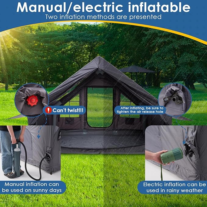 Inflatable Camping Tent with Electric Air Pump - 420D Heavy Duty Oxford - 5 Min Auto-Inflation - Panoramic Stargazing Skylight - 4 Season Luxury Glamping Cabin 4-10 Person Multiple Sizes