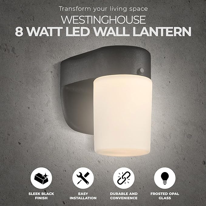 6106700 One-Light Dimmable LED Outdoor Wall Fixture with Dusk to Dawn Sensor Black Finish with Frosted Opal Glass
