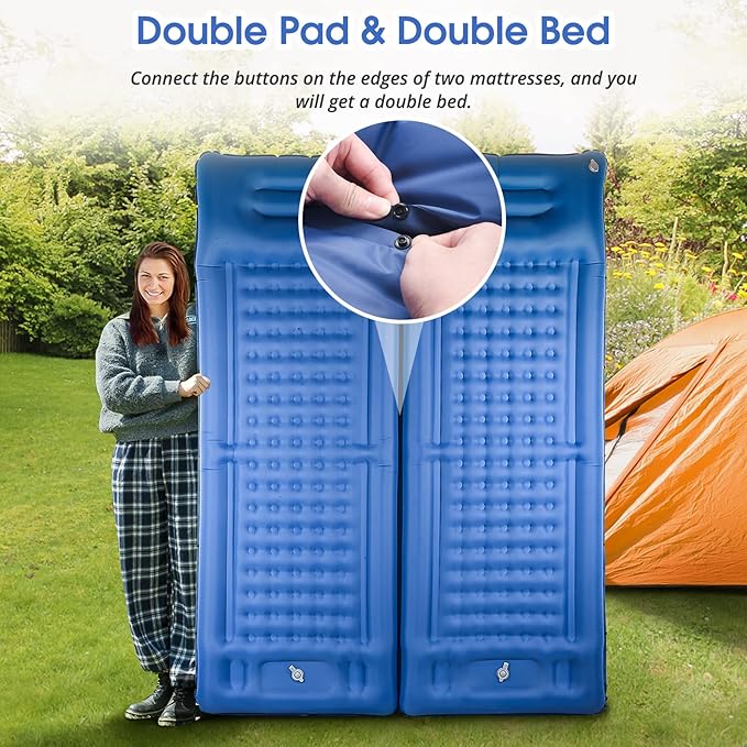 Camping Sleeping PadsExtra Thick 5 Inch Inflatable Sleeping Mat with Pillow Built-in PumpOversized Mattress Super Portable Backpacking Sleeping Pad (Blue Single)