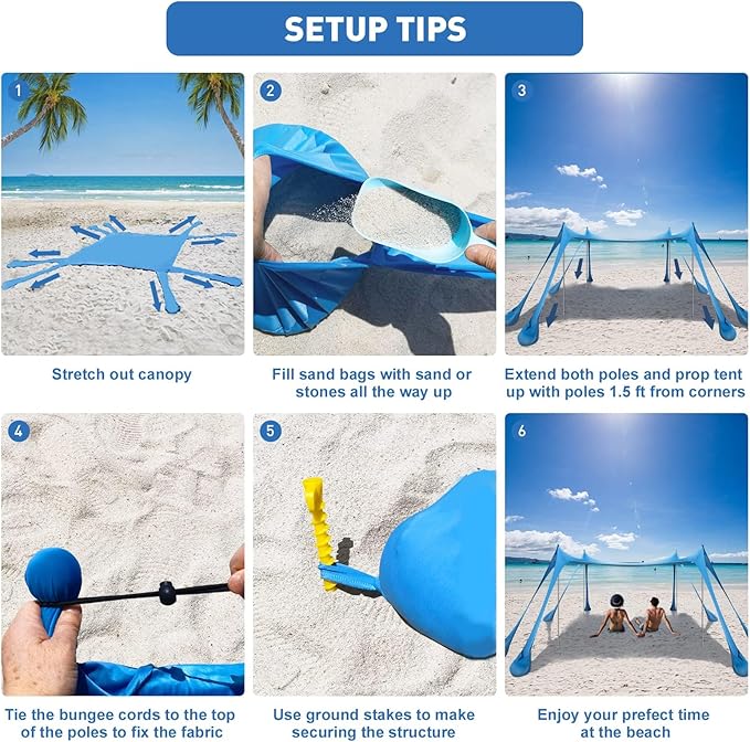 Beach Tent Sun Shelter 10x10ft Beach Canopy Easy Pop Up Sun Shade Portable UPF50+ with 8 Sandbags-2 Sand Shovel-4 Aluminum Poles-Ground Pegs for Outdoor Family Camping Fishing Backyard Picnic
