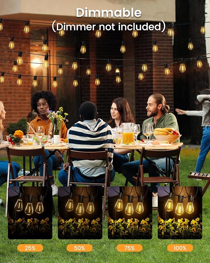 Torkase Outdoor Solar String Lights 30FT Waterproof S14 LED Patio Lights with 13 Shatterproof Bulbs USB Rechargeable 2200K Warm White Energy-Saving Hanging for Garden Porch Bistro Camping