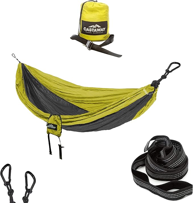 Castaway Travel Hammocks Double Lime/Charcoal Camping Hammock with 2 Tree Straps Triple Stitched Durable Nylon Material Compact Design for Backpacking Travel Beach Backyard Patio Hiking &amp M