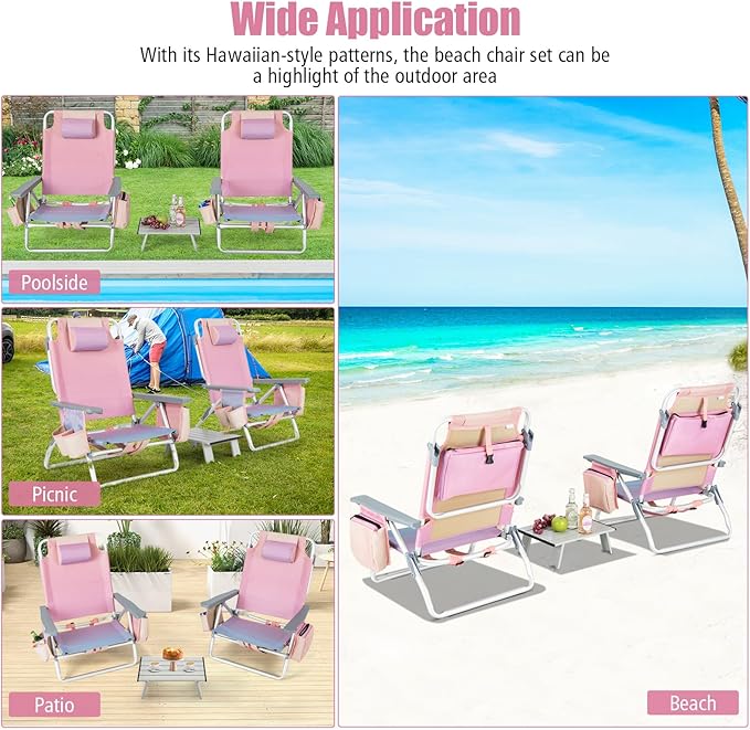 Tangkula Backpack Beach Chair with Table 5-Position Lay Flat Chairs with Cooler Bag 2 Cup Holders Towel Bar Lightweight Low Folding Chair with Backpack Straps Pink