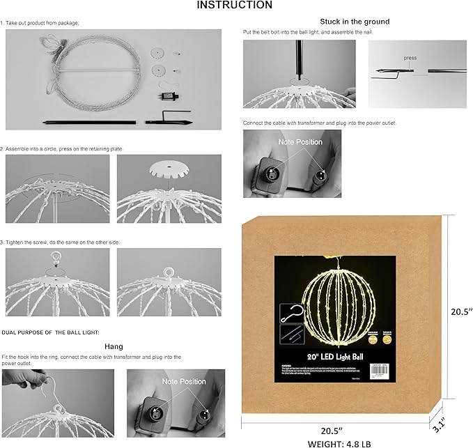 Lightshare 20IN 200LED Light Ball Yard Decoration Pathway Lights Sphere Light Fold Flat Metal Frame Indoor Outdoor Waterproof Garden Lights Plug in