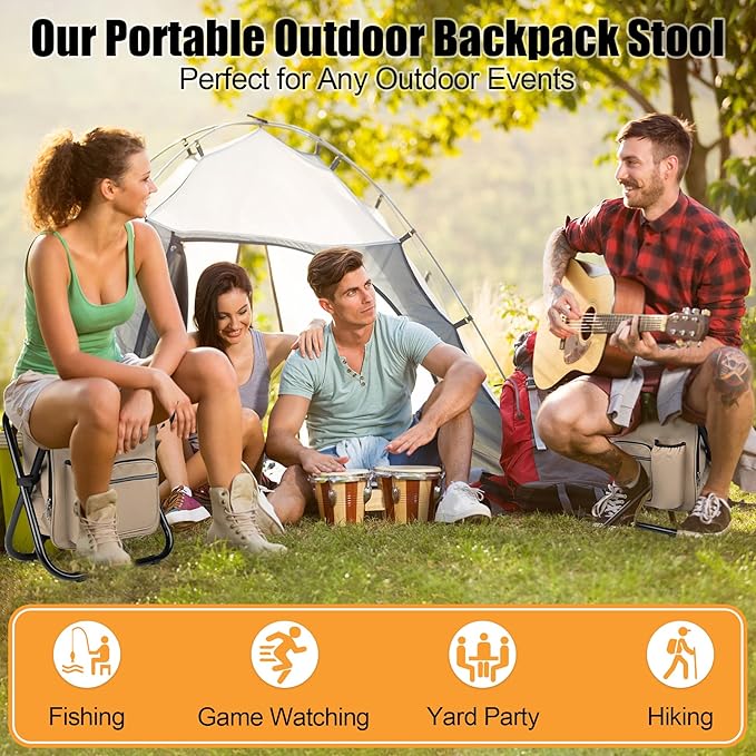 Kikerike Backpack Stool Cooler Chair Heavy Duty 300 LBS Max Load Portable Lightweight Stool Backpack Folding Fishing Cooler Seat for Camping Hunting Fishing - Sand